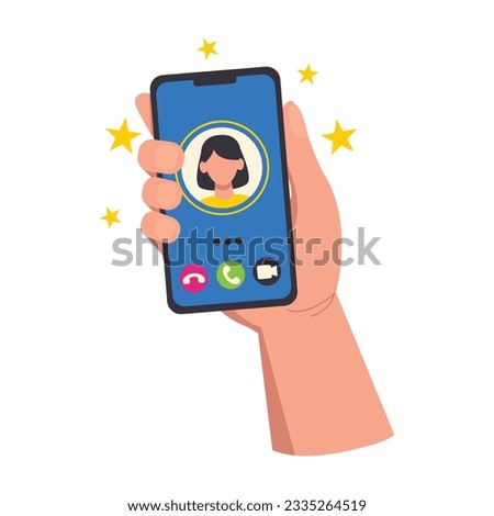 Illustration of a hand holding a phone with an incoming call. Talk on the phone, video call, cancel the call. Vector graphic.