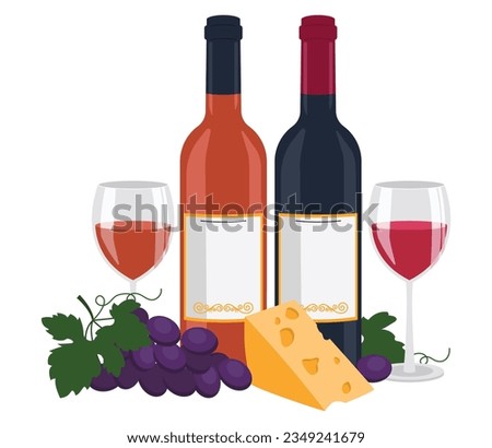 Bottle of red wine and a bottle of orange wine, wine in glasses, cheese and grape. Vector graphic.