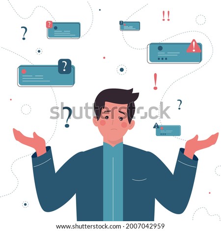 Confused man cartoon character standing surrounded with question mark signs. Solution for business and career concept. Oops! Sorry! I don`t know! Man shrugging shoulders and raised hands. Vector flat 