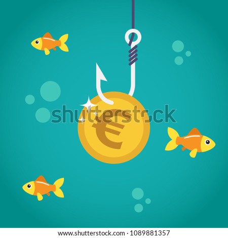 Coin euro on fishing hook and fishes swimming. Money trap concept. Vector illustration
