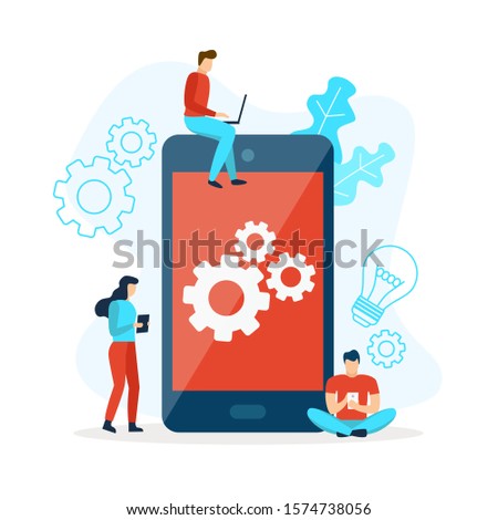 Mobile phone settings with gears. Vector illustration in flat design style