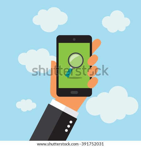 A businessman holding a phone. Search icon. Illustration in vectors.