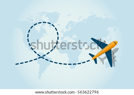 Airplane flying and leave a blue dashed trace line. Illustration in vector.
