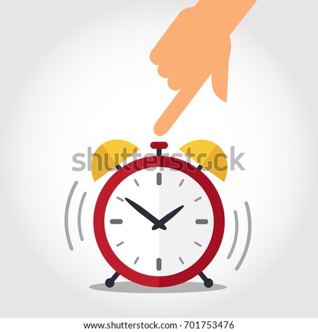 Hand turns off red alarm clock. Time to wake up concept. Vector illustration.