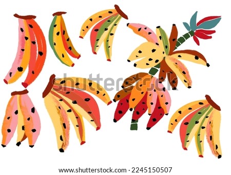 set of digital isolated colorful gouache texture tropical fruits banana artsy Foto d'archivio © 