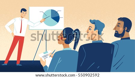 Business presentation. Man from one company giving a bright sales pitch or feedback presentation to representatives from another company who are watching and taking notes.