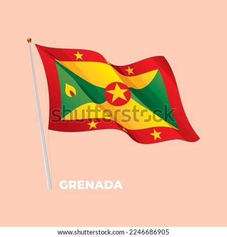 Grenada national flag waving at the flagpole. Vector 3D