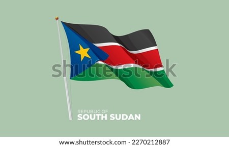 South Sudan flag waving at the flagpole. Vector 3D