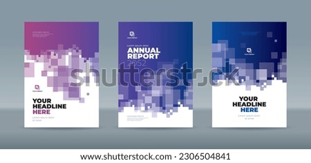 Random transparent yellow squares on purple and blue gradation background, book cover template. A4 size book cover template for annual report, magazine, booklet, proposal, portfolio, brochure, poster