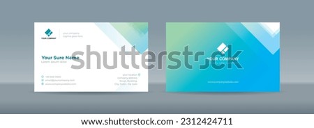 Set of double sided business card templates with illustrations of randomly stacked transparent blue and green triangles on a blue-green and white background