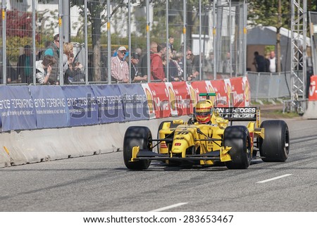 AARHUS, DENMARK - MAY 24 2015: Barry Walker in a Jordan EJ12 formula one racing car at the Classic Race Aarhus 2015