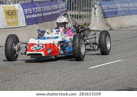 AARHUS, DENMARK - MAY 24 2015: Randall Lawson in a Renault GRAC formula one racing car from 1972 at the Classic Race Aarhus 2015