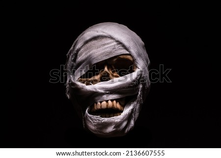 The artificial skull is wrapped in a cloth. Mummy Foto stock © 