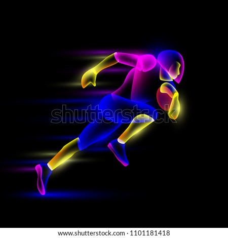 Football player running with the ball. Abstract neon transparent overlay layers look like a virtual football player character.