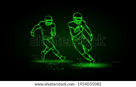 American football players. Runaway player with ball and the catching player behind. Green Neon American football Sports Vector Illustration.