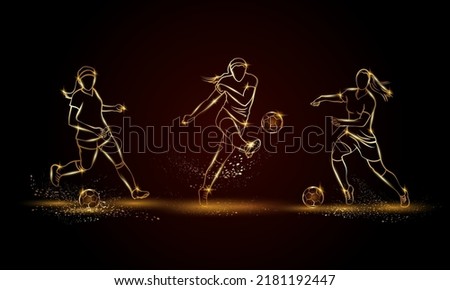 Women Football players set. Golden linear soccer player illustration for sports banner, background, and flyer.