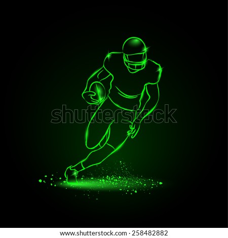 American football. The player runs away with the ball. Green Neon Sports Vector Illustration.