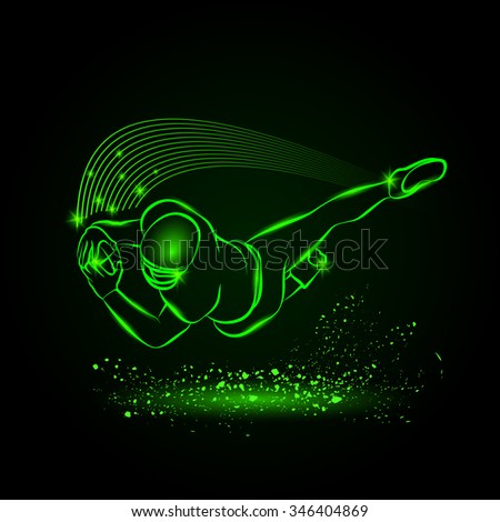 Football player catch ball in a jump. Neon style sport illustration.