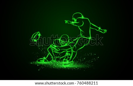 American Football Kicker Hits the Ball. Green Neon Sports Vector Illustration.