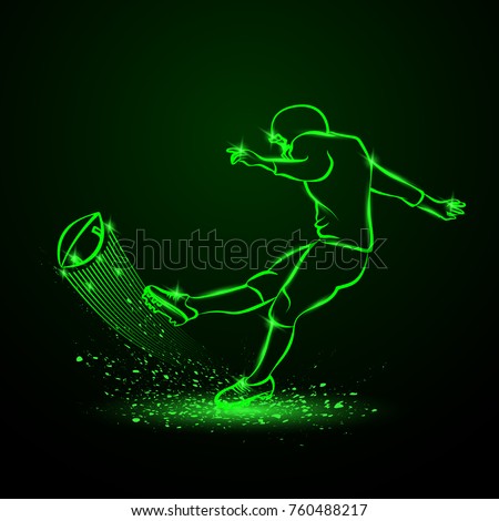 American football kicker hits the ball. Green neon sport background.