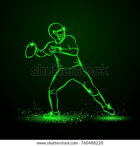 American football quarterback throws the ball. Green Neon Sports Vector Illustration.