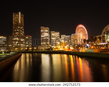 Night view of landmark tower at Yokohama Seaside area in japan
