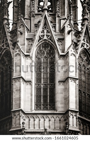 Similar – Image, Stock Photo Sculpted filigrees of a gothic cathedral main tower in black and white