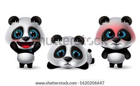 Pandas character vector set. Panda characters 3d avatar in different pose and expressions in hungry, sad, angry, lying, excited and standing isolated in white background. Vector illustration.
