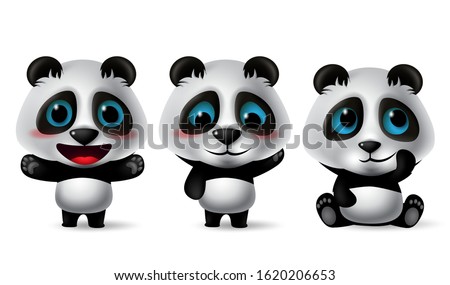 Panda animal characters vector set. Pandas bear character with cute expression in happy, blissful, thinking, sitting, shy, standing and joyful isolated in white background. Vector illustration.  