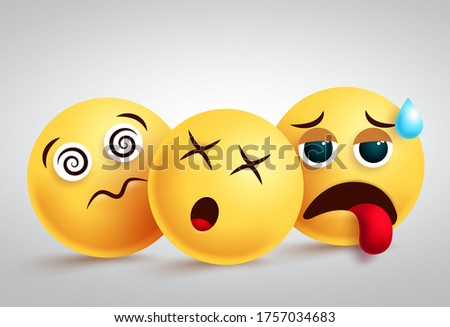 Emojis tired and disappointed vector design. Emoji or emoticon group character in dizzy, tired and upset facial expressions in white background. Vector illustration.   