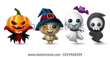Halloween character vector set. Halloween characters like pumpkin vampire, teddy bear, ghost and grim reaper isolated in white background for horror 3d collection design. Vector illustration 