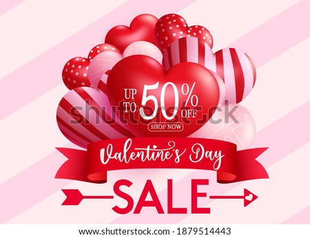 Valentine's sale vector banner design. Valentine's day sale up to 50% off text with 3d heart element for valentine promo discount advertising. Vector illustration