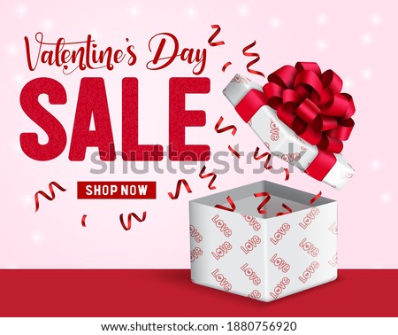 Valentine's day sale vector background design. Valentines day sale shop now text with love gift and confetti element for valentine present promo discount advertisement. Vector illustration  