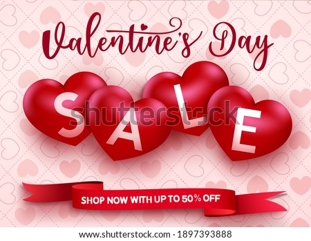 Valentine's sale vector design. Valentine's day sale text with up to 50 % off promo discount for promotion advertisement. Vector illustration