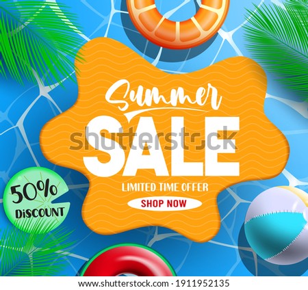 Summer sale vector template design. swimming pool background withSummer sale text and floaters and beachball elements for tropical season discount promo advertisement. Vector illustration