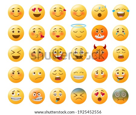 Emoticon emojis vector set.  Emoji yellow with happy, in love, sad and angry facial expressions and emotions for icon collection design. Vector illustration