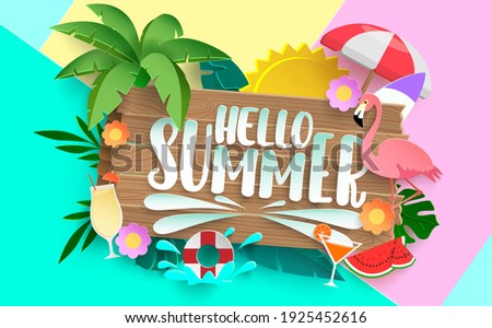 Hello summer vector concept design. Hello summer text with colorful elements like palm tree, leaves, umbrella and flamingo for tropical holiday season background. Vector illustration