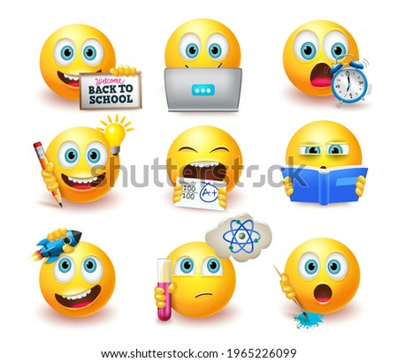 Emoticon back to school emoji vector set. Smiley emoticons with educational pose and expressions like studying and thinking  for student emojis characters collection design. Vector illustration