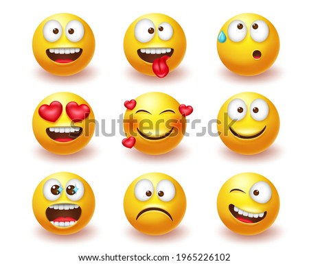 Emoji emoticon vector set. Emojis 3d characters with expressions and emotions like happy, in love and crazy in yellow face icon for cute avatar character collection design. Vector illustration