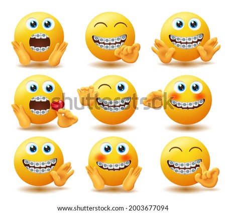 Emoji braces emoticon vector set. Emojis in dental brace characters with rich and soft hand gestures like surprised and waving hands for cute and jolly emoticons character design. Vector illustration