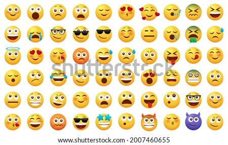 Emoticon emojis vector set. Emoji characters with happy, funny, sad and in love facial expressions isolated in white background for emoticons icon cartoon collection design. Vector illustration
