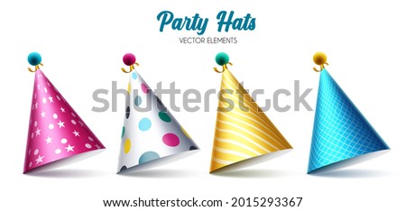 Birthday party hats vector set. Colorful hat elements isolated in white background for celebrating birth day party event decoration. Vector illustration
