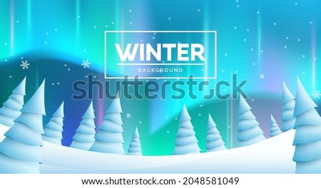 Winter northern lights vector background design. Winter text with aurora borealis and fir trees elements in snowy ice land for cold snow season landscape. Vector illustration.
