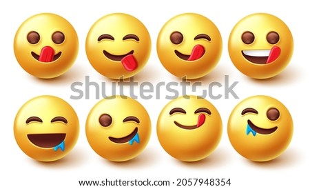 Emojis yummy face character vector set. Emoji 3d in licking and mouth watering for hungry, delicious and tasty emoticons facial reaction design collection. Vector illustration.
