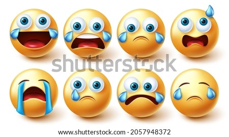 Emoji crying characters vector set. 3d emojis characters in crying, laughing out loud and confused graphic face collection for emoticons mood facial expression design. Vector illustration.

