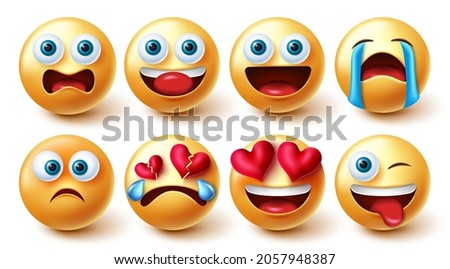 Emojis character vector set. Emoji characters funny, in love, upset and crying isolated in white background for emoticon facial reaction and expression 3d collection graphic design.