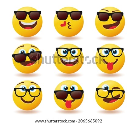 Emoji sunglasses emoticon vector set. Emojis smiley in cool shades with happy, funny and cute facial expressions for friendly emoticons faces character collection design. Vector illustration.
