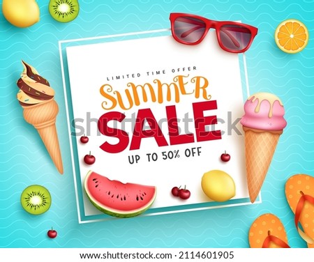 Summer sale vector banner design. Summer sale text up to 50% off discount with ice cream and fruits tropical elements for seasonal shop promotion advertisement. Vector illustration.
