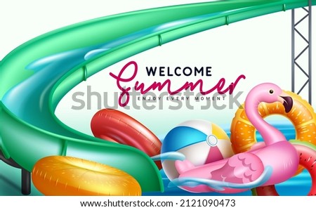 Summer slide vector background design. Welcome summer text in swimming pool park with inflatable floater elements for fun and enjoy tropical holiday activity. Vector illustration.
