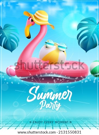 Summer party vector poster design. Summer party text in swimming pool background with flamingo floater and leaves for fun and enjoy tropical outdoor event. Vector illustration.
